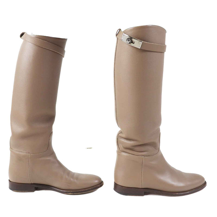 HERMES Knee-high boots Kelly Metal Jumping Boots beige leather Women 36