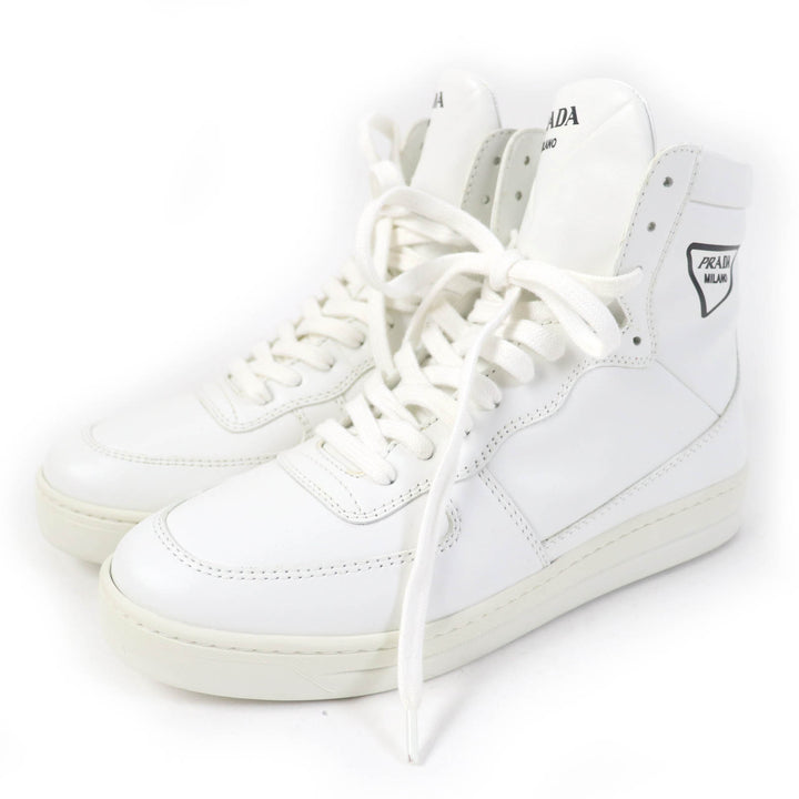 Great PRADA High cut sneakers Triangle logo white leather Women 37.5 1T638M