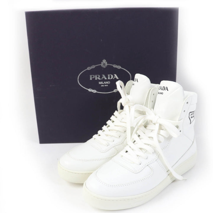 Great PRADA High cut sneakers Triangle logo white leather Women 37.5 1T638M