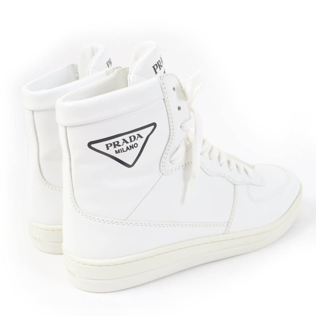Great PRADA High cut sneakers Triangle logo white leather Women 37.5 1T638M