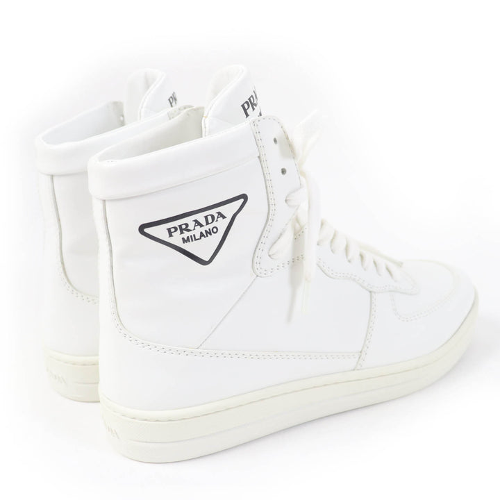 Great PRADA High cut sneakers Triangle logo white leather Women 37.5 1T638M