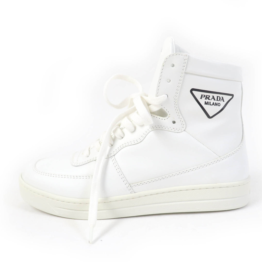 Great PRADA High cut sneakers Triangle logo white leather Women 37.5 1T638M