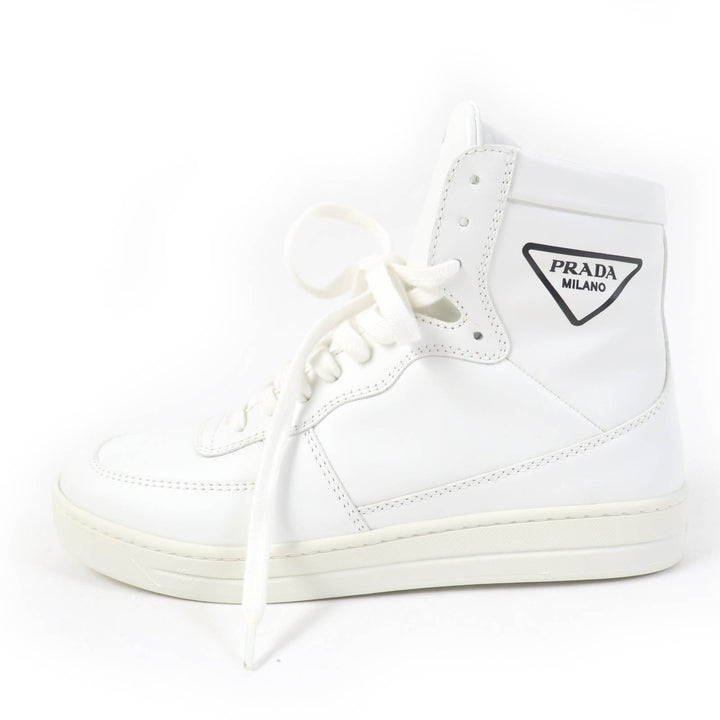 Great PRADA High cut sneakers Triangle logo white leather Women 37.5 1T638M