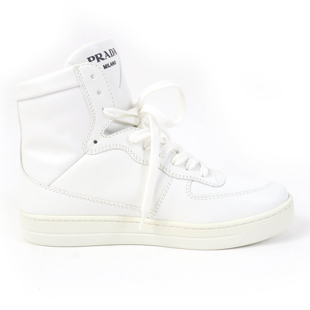 Great PRADA High cut sneakers Triangle logo white leather Women 37.5 1T638M
