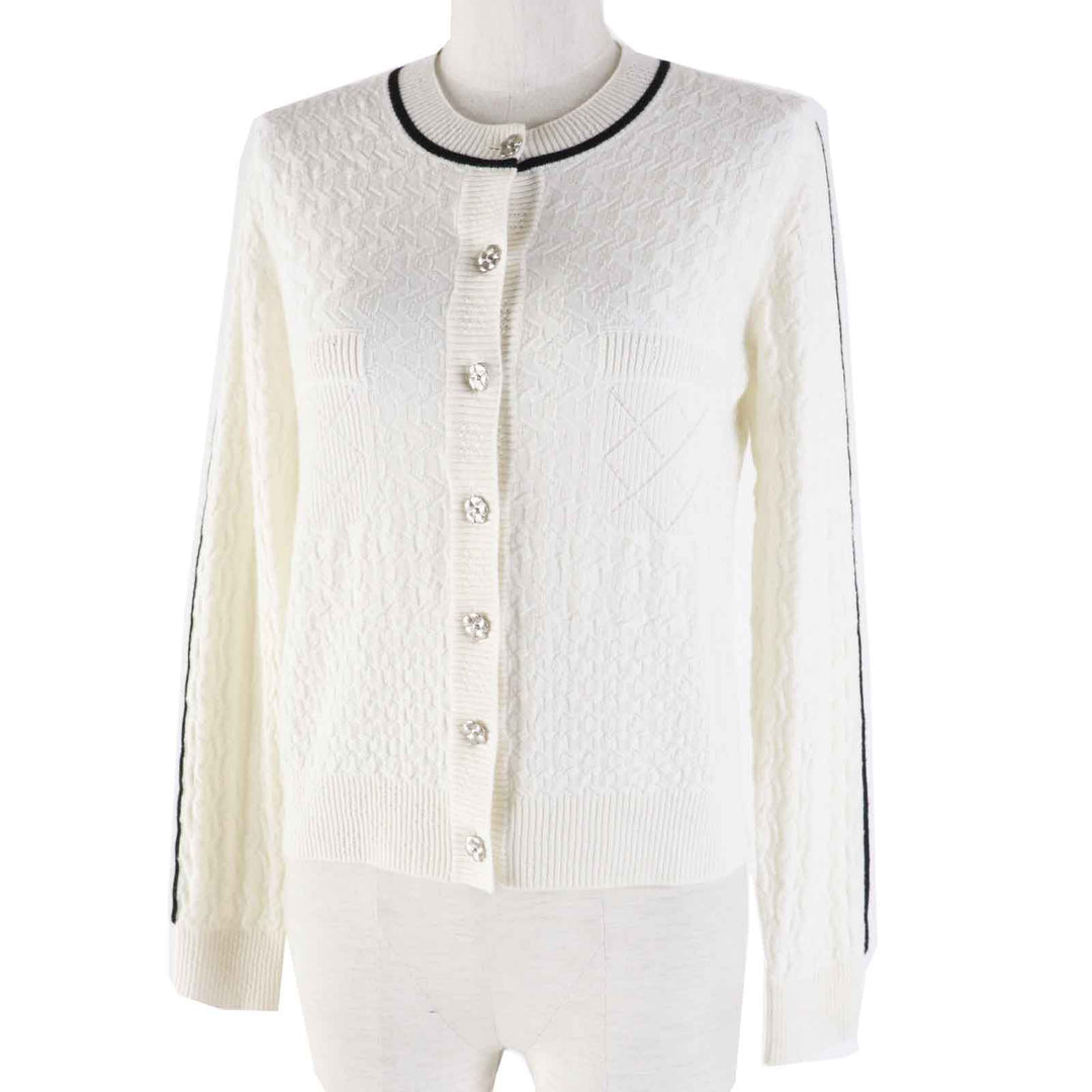 Excellent CHANEL cardigan Camellia COCO Button White x black cashmere Women 36