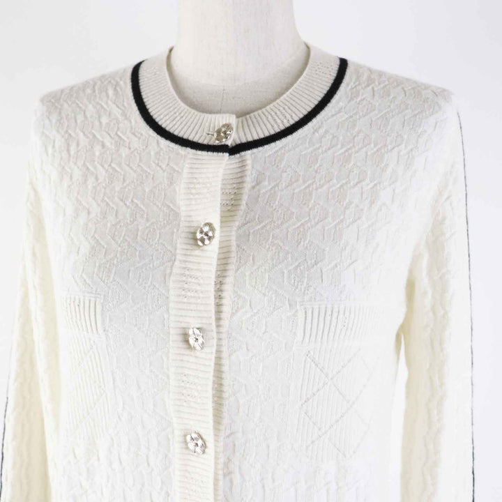 Excellent CHANEL cardigan Camellia COCO Button White x black cashmere Women 36 P75662