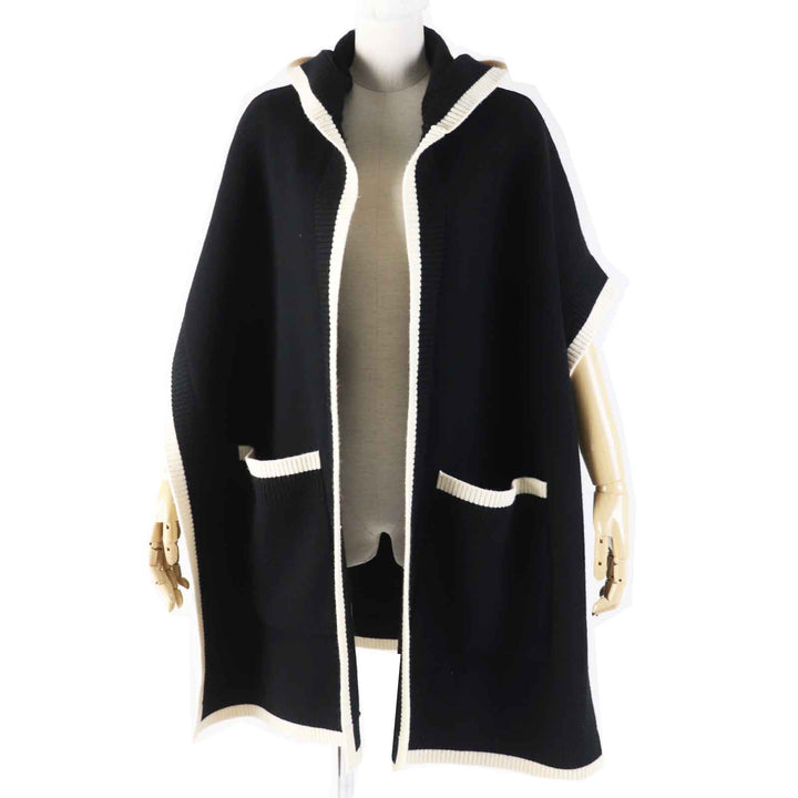 Great BURBERRY poncho Back logo hooded cape/ Black White wool Women 8031544