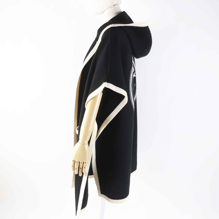 Great BURBERRY poncho Back logo hooded cape/ Black White wool Women 8031544