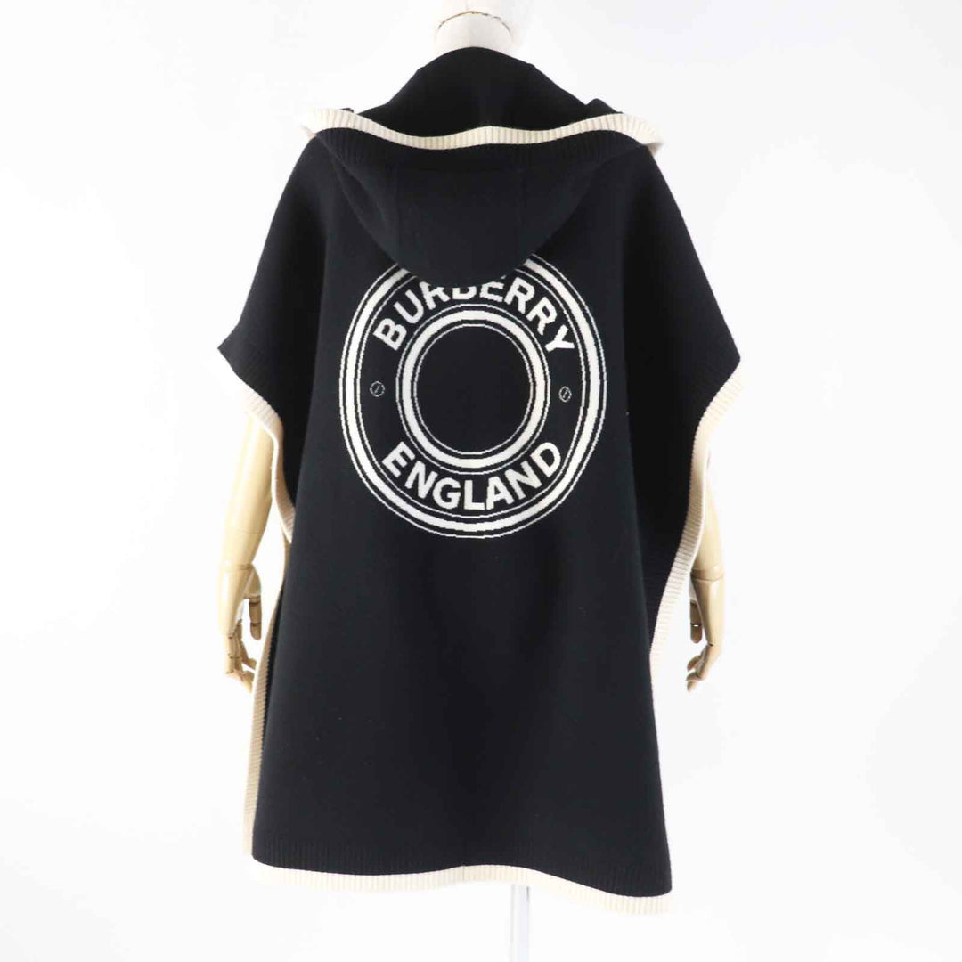 Great BURBERRY poncho Back logo hooded cape/ Black White wool Women 8031544