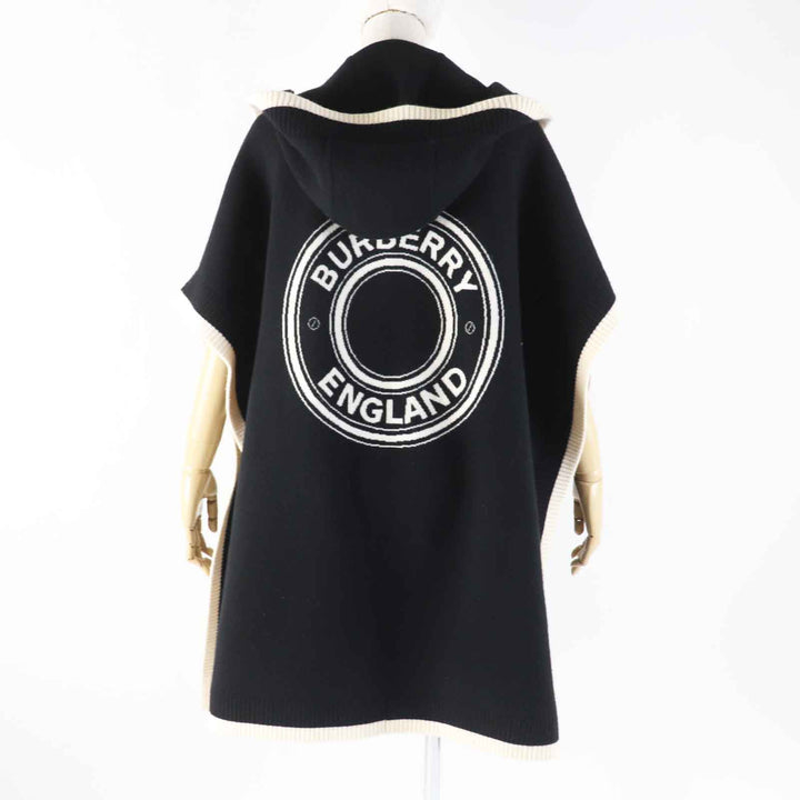 Great BURBERRY poncho Back logo hooded cape/ Black White wool Women 8031544