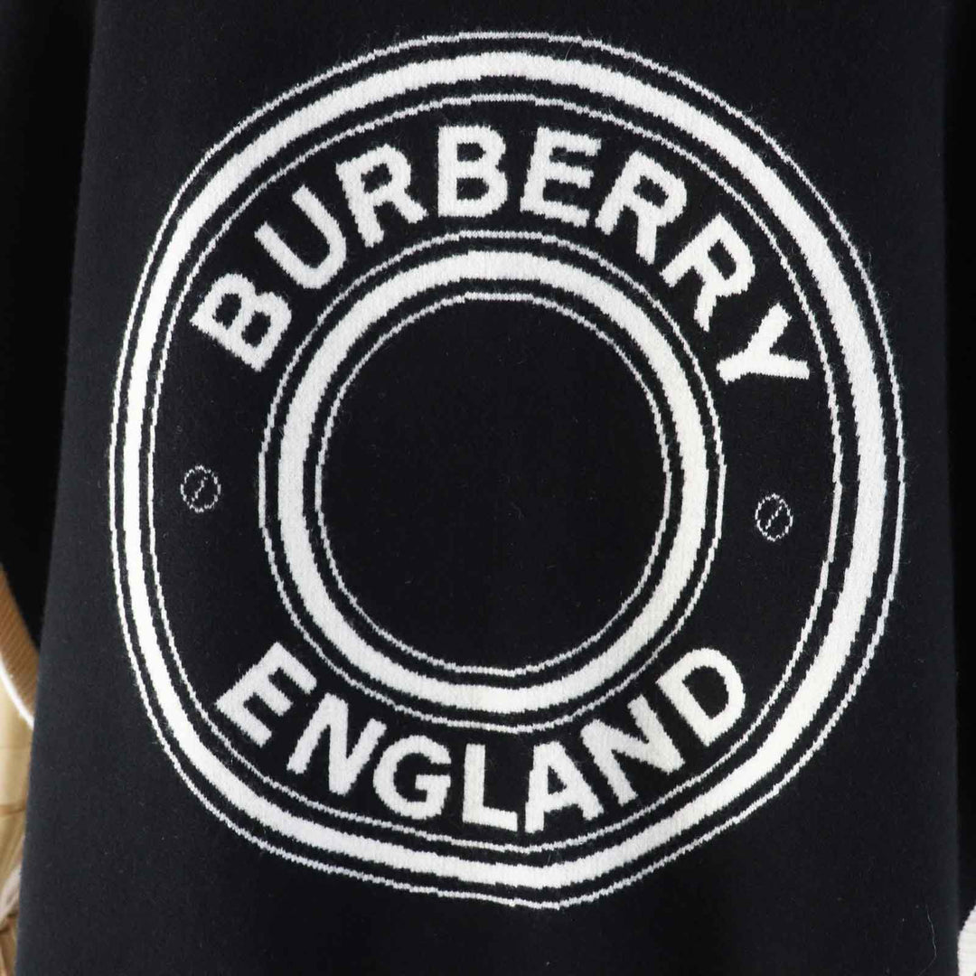 Great BURBERRY poncho Back logo hooded cape/ Black White wool Women 8031544