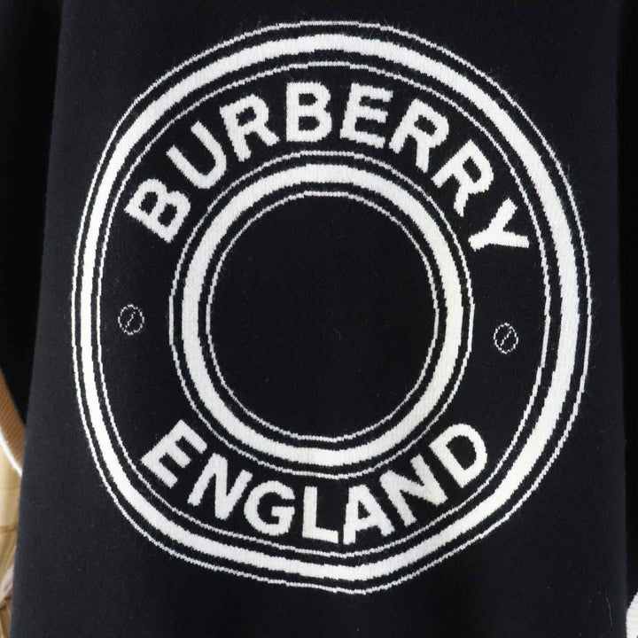 Great BURBERRY poncho Back logo hooded cape/ Black White wool Women 8031544