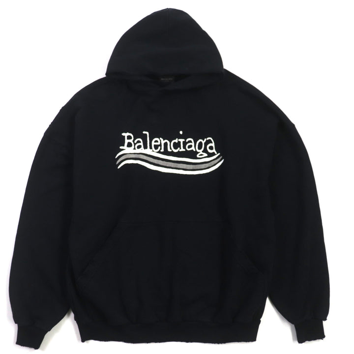 Great BALENCIAGA hoodie Distressed logo print large fit pullover black cotton 1
