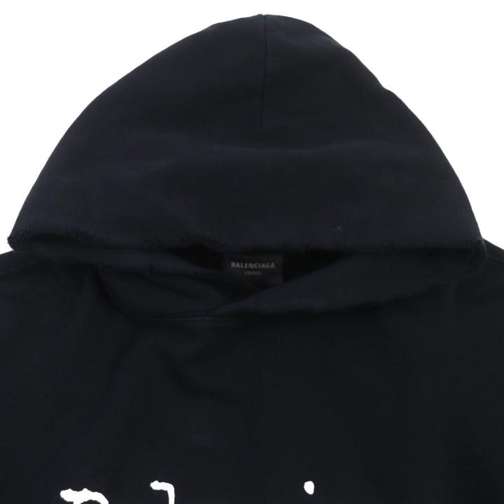 Great BALENCIAGA hoodie Distressed logo print large fit pullover black cotton 1