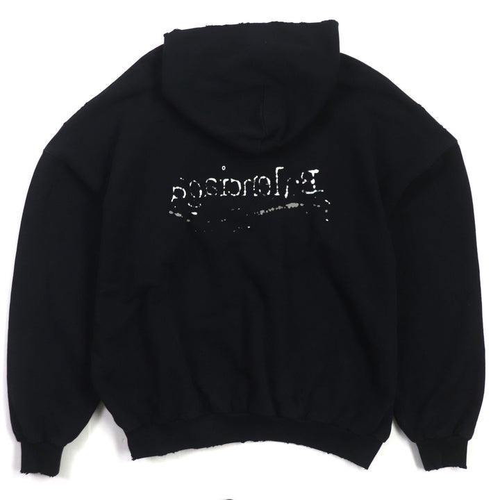 Great BALENCIAGA hoodie Distressed logo print large fit pullover black cotton 1