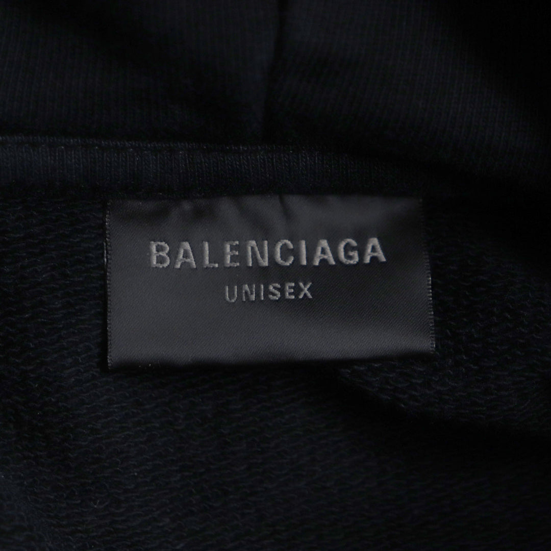 Great BALENCIAGA hoodie Distressed logo print large fit pullover black cotton 1