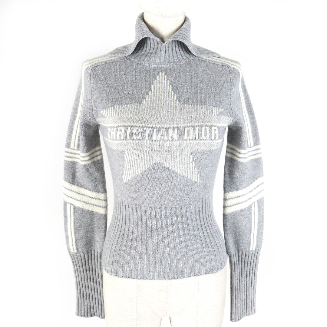 Great Christian Dior knit Star logo Stand collar Long sleeves Women 38 244S77CM134