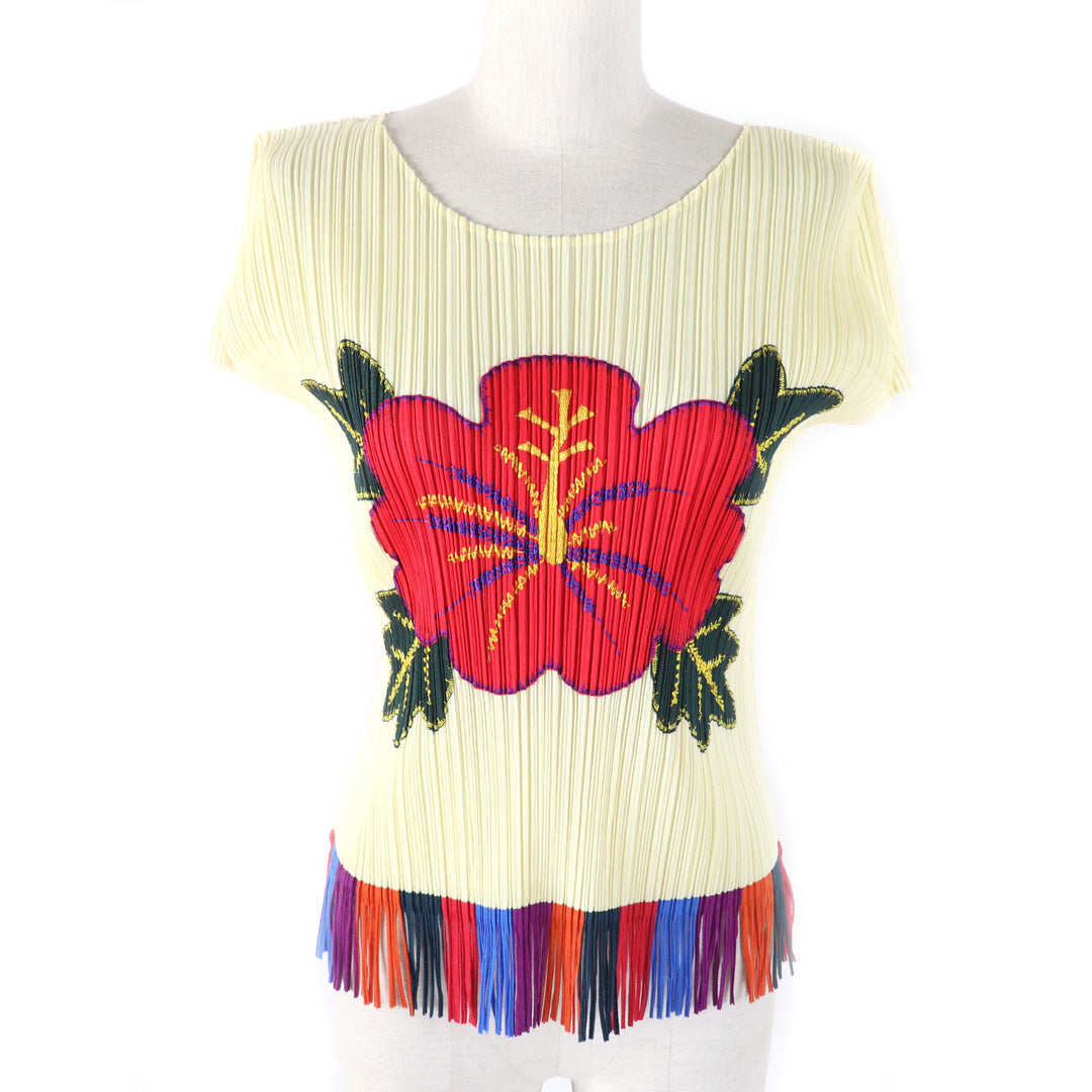 Excellent PLEATS PLEASE T-shirt Hibiscus fringed hem French sleeves Multi polyester Women 3 PP91-JK572