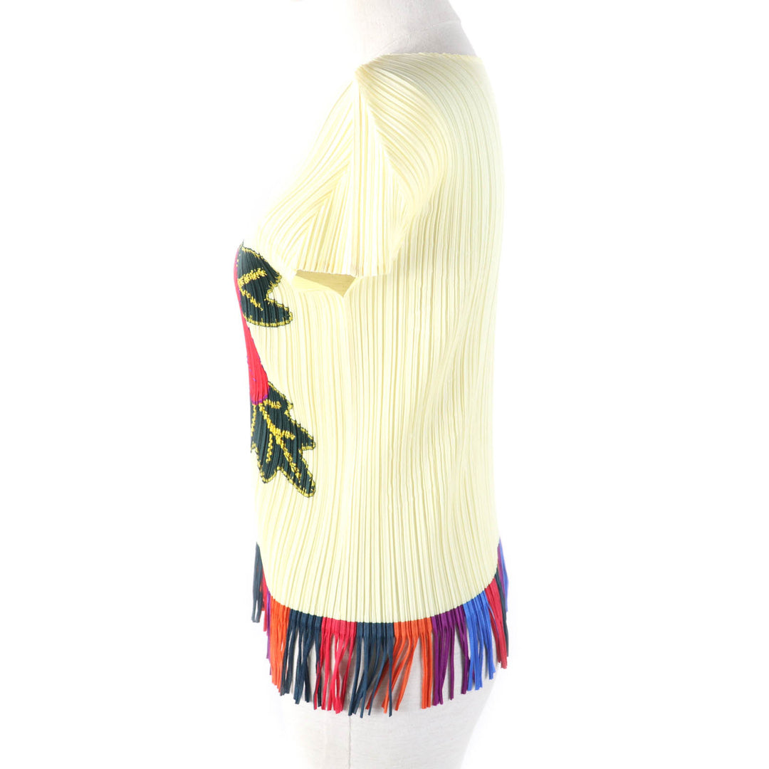 Excellent PLEATS PLEASE T-shirt Hibiscus fringed hem French sleeves Multi polyester Women 3 PP91-JK572