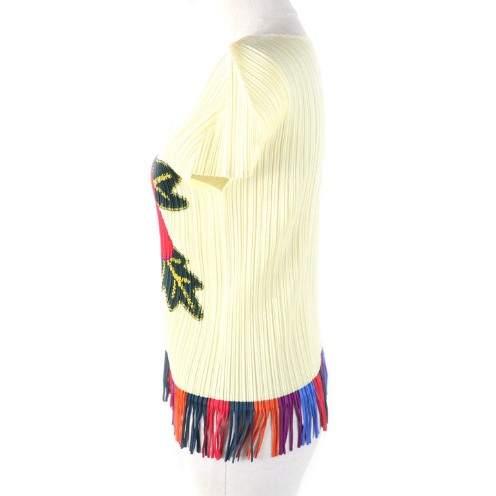 Excellent PLEATS PLEASE T-shirt Hibiscus fringed hem French sleeves Multi polyester Women 3 PP91-JK572