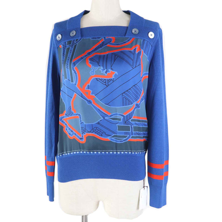 Pristine HERMES knit Twill Laine Tattersall Zigzag blue silk Women 38 2E2808DN