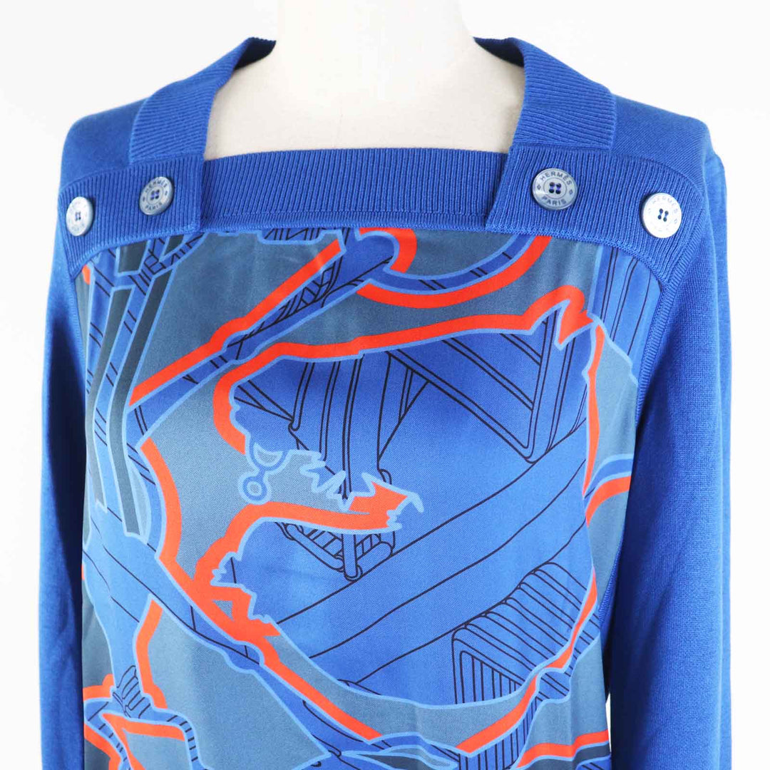 Pristine HERMES knit Twill Laine Tattersall Zigzag blue silk Women 38 2E2808DN