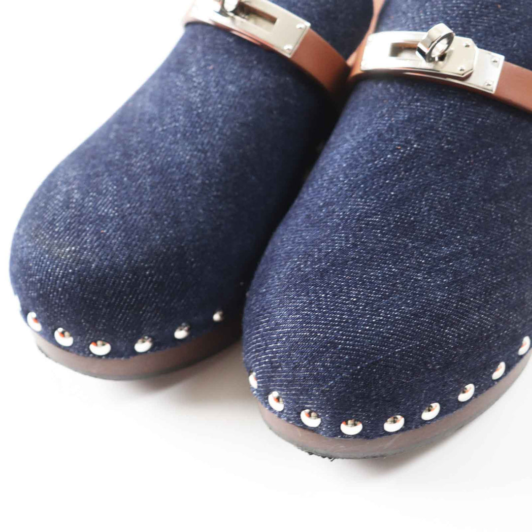 Great HERMES Sandals Carlotta Kelly Buckle Sabot/Mule/ Indigo blue denim Women