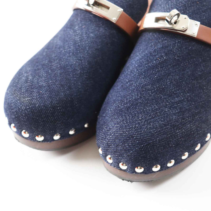 Great HERMES Sandals Carlotta Kelly Buckle Sabot/Mule/ Indigo blue denim Women