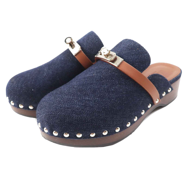 Great HERMES Sandals Carlotta Kelly Buckle Sabot/Mule/ Indigo blue denim Women