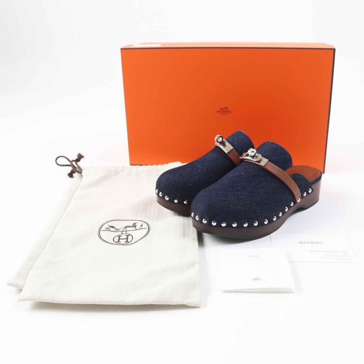Great HERMES Sandals Carlotta Kelly Buckle Sabot/Mule/ Indigo blue denim Women
