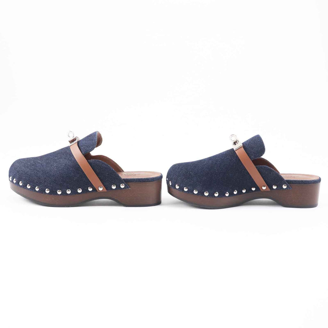 Great HERMES Sandals Carlotta Kelly Buckle Sabot/Mule/ Indigo blue denim Women