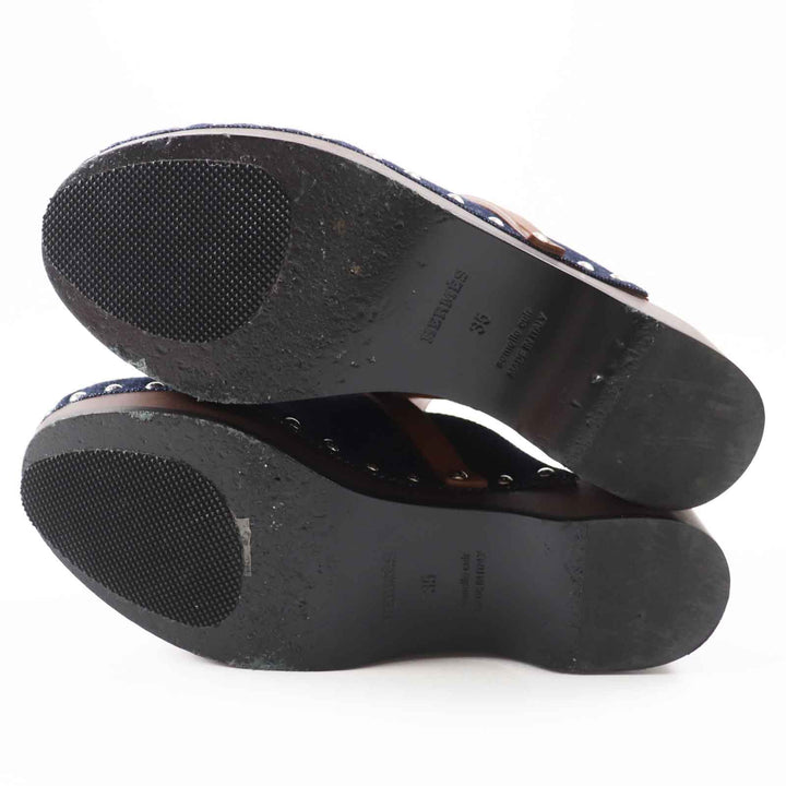 Great HERMES Sandals Carlotta Kelly Buckle Sabot/Mule/ Indigo blue denim Women