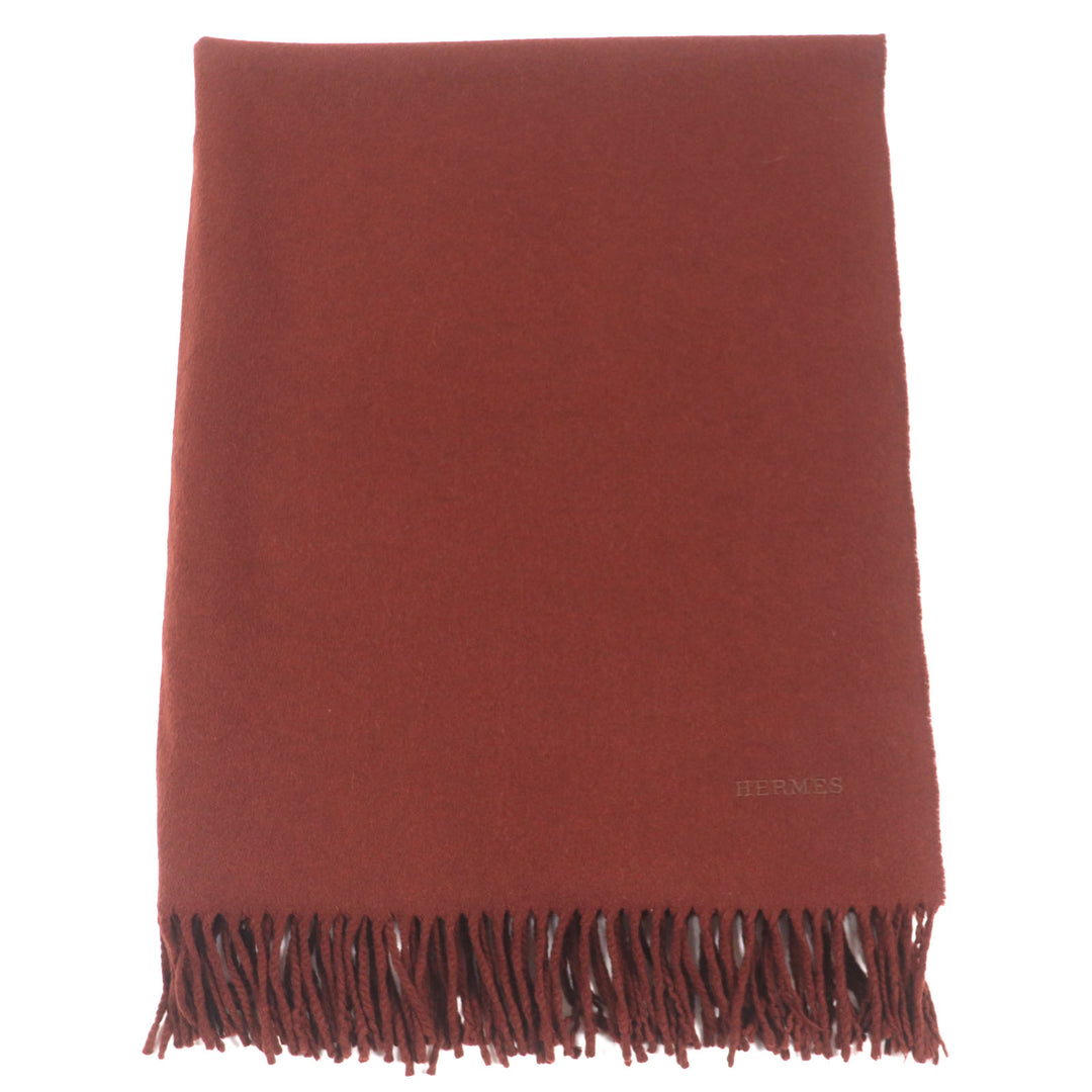 HERMES Scarf Large scarf with embroidered logo and fringe Redbrown cashmere mens