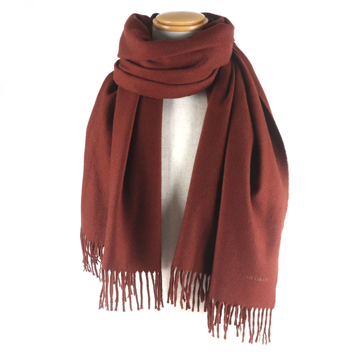 HERMES Scarf Large scarf with embroidered logo and fringe Redbrown cashmere mens