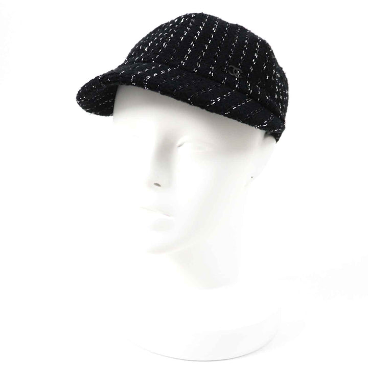 Excellent CHANEL Casquette Tweed with COCO Mark Black Silver cotton Women M 23P