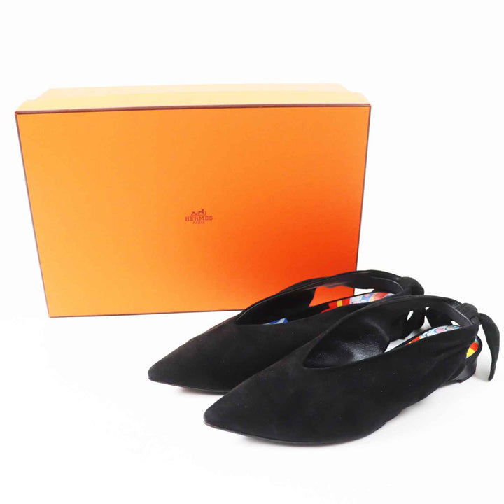 Great HERMES pumps Back ribbon pointed toe black Suede leather Women 36 221013Z