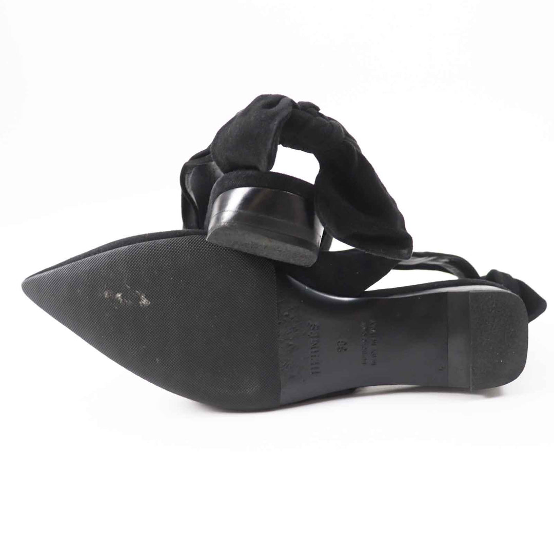 Great HERMES pumps Back ribbon pointed toe black Suede leather Women 36 221013Z