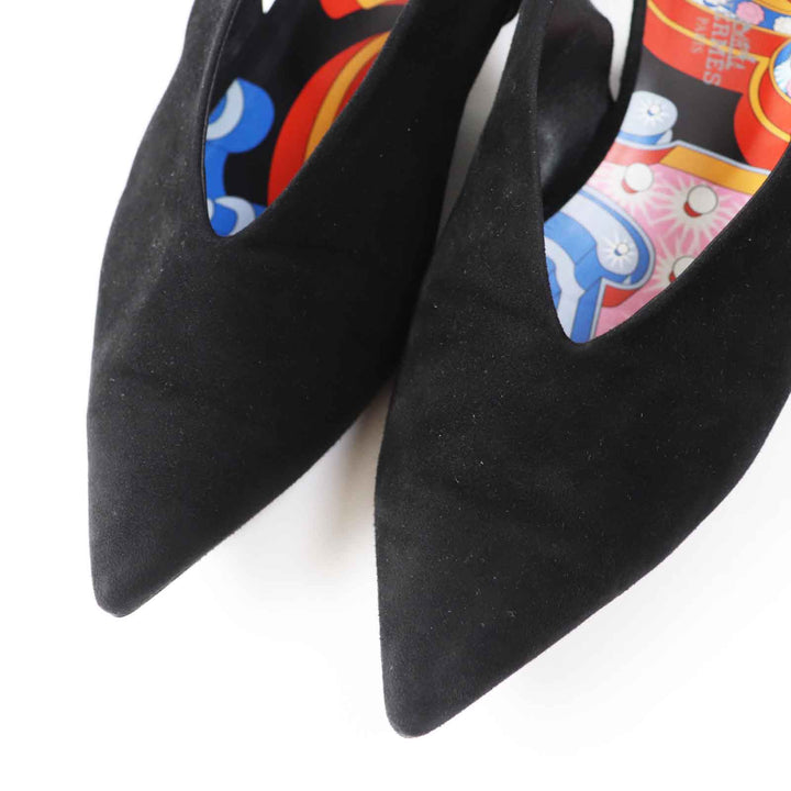 Great HERMES pumps Back ribbon pointed toe black Suede leather Women 36 221013Z
