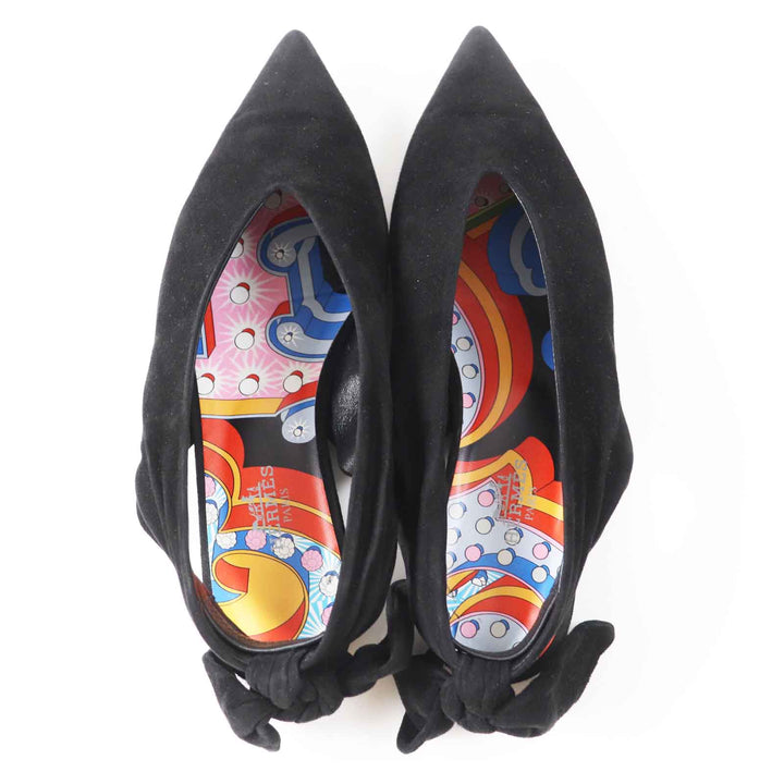 Great HERMES pumps Back ribbon pointed toe black Suede leather Women 36 221013Z