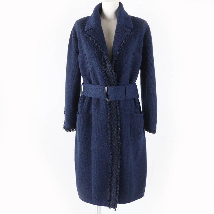 Pristine CHANEL coat GABRIELLE COCO belted knit Navy cashmere Women 40 17B P57290K07490