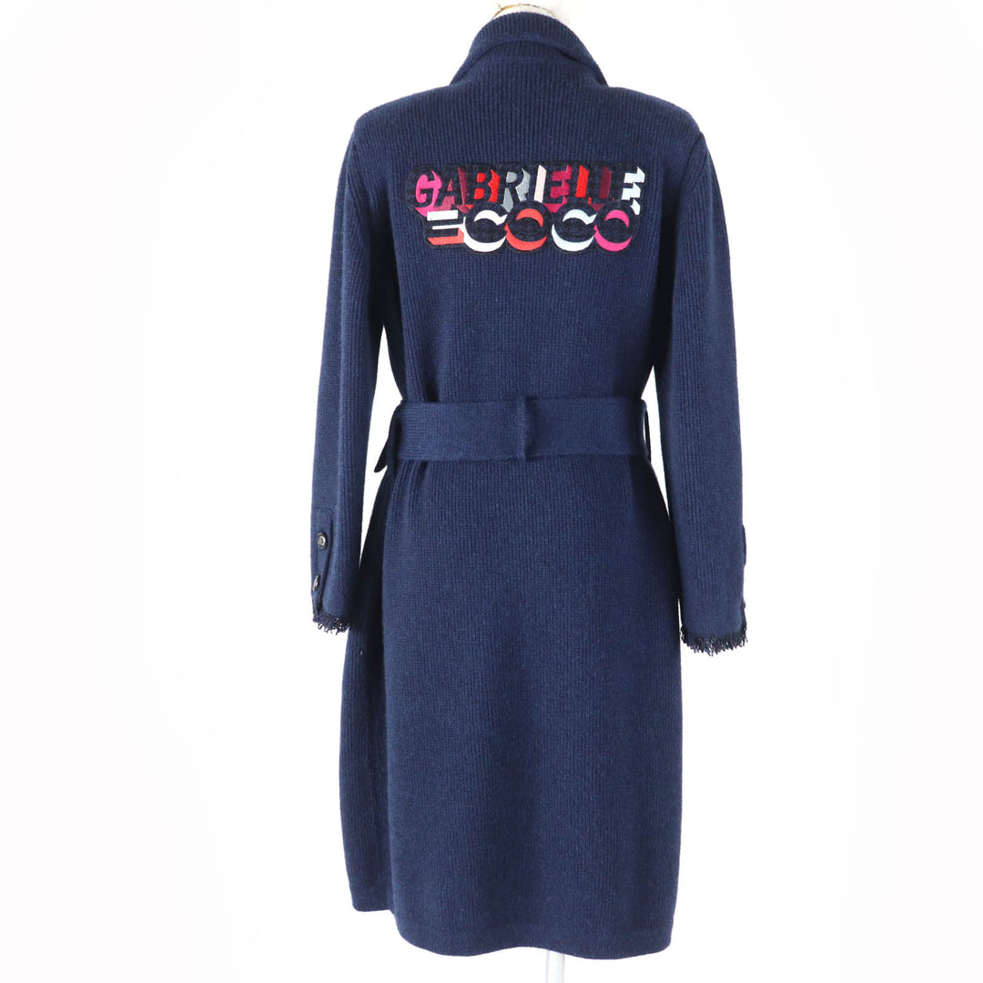 Pristine CHANEL coat GABRIELLE COCO belted knit Navy cashmere Women 40 17B