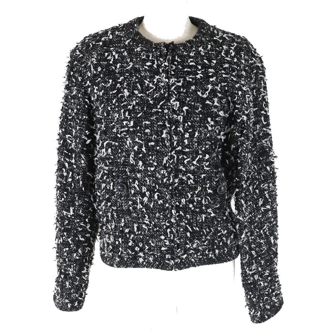 Excellent CHANEL Jacket COCO Mark Button Ribbon Tweed No Collar Zip Up 34 P62063