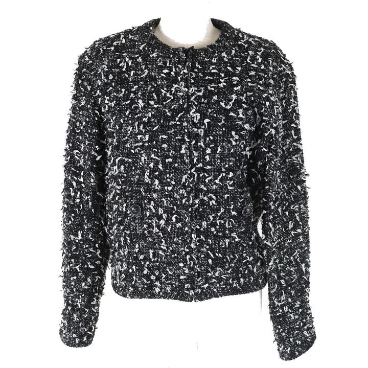 Excellent CHANEL Jacket COCO Mark Button Ribbon Tweed No Collar Zip Up Women 34 P62063