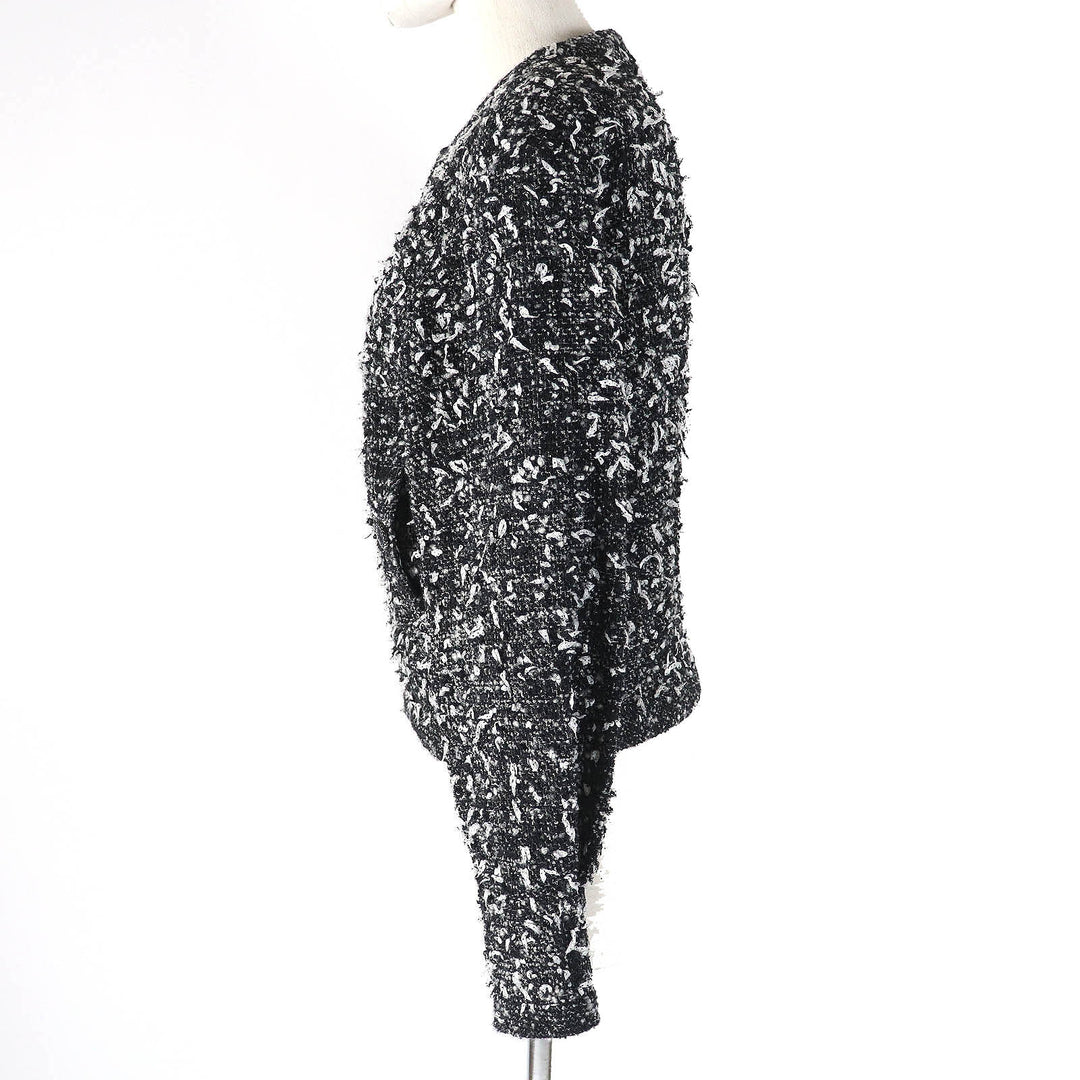 Excellent CHANEL Jacket COCO Mark Button Ribbon Tweed No Collar Zip Up Women 34 P62063