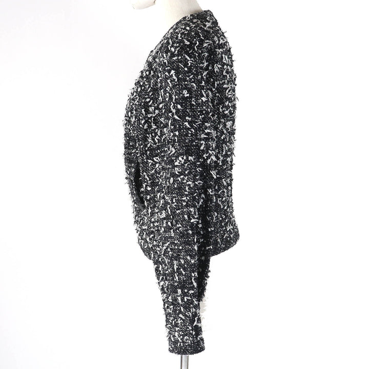 Excellent CHANEL Jacket COCO Mark Button Ribbon Tweed No Collar Zip Up Women 34 P62063