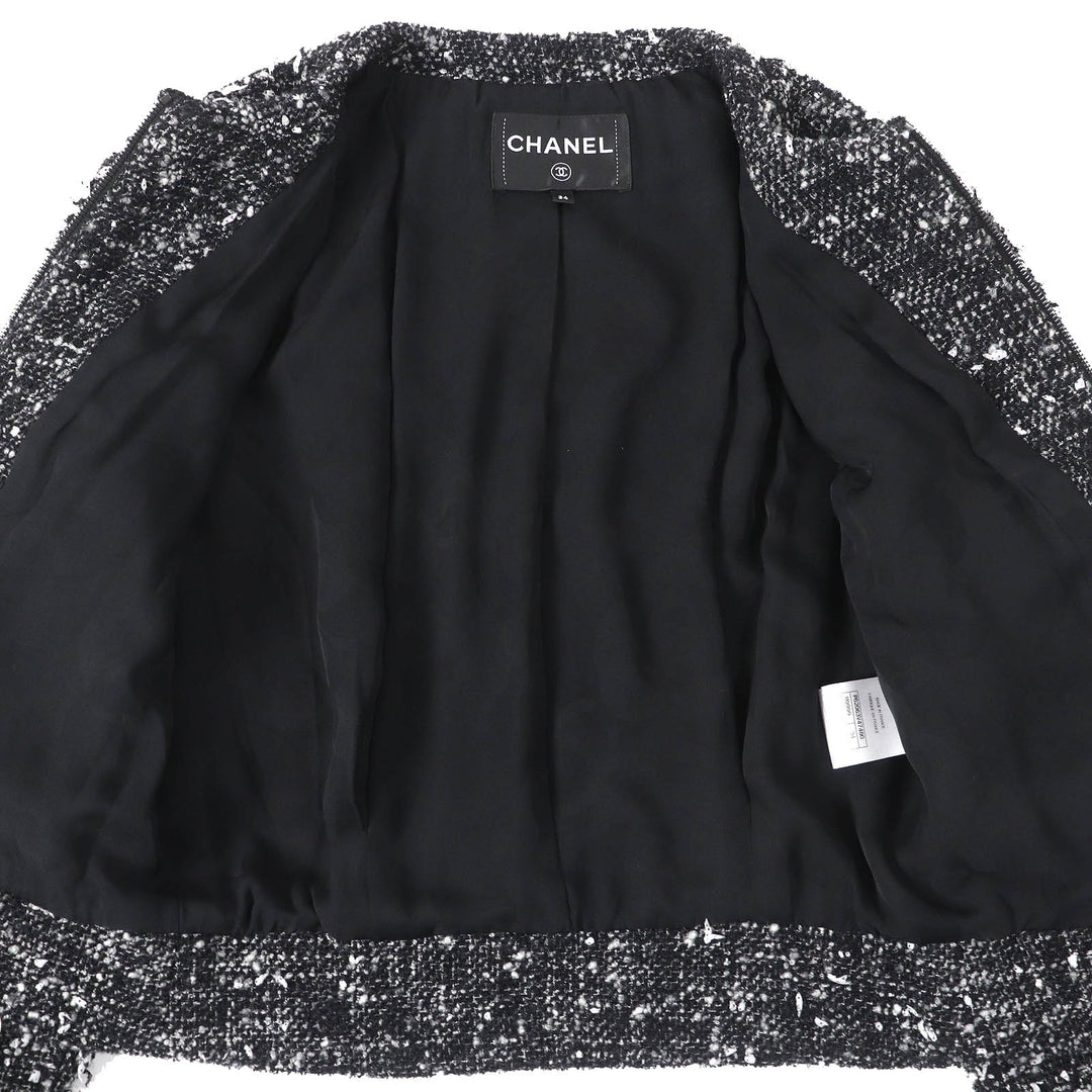 Excellent CHANEL Jacket COCO Mark Button Ribbon Tweed No Collar Zip Up Women 34 P62063