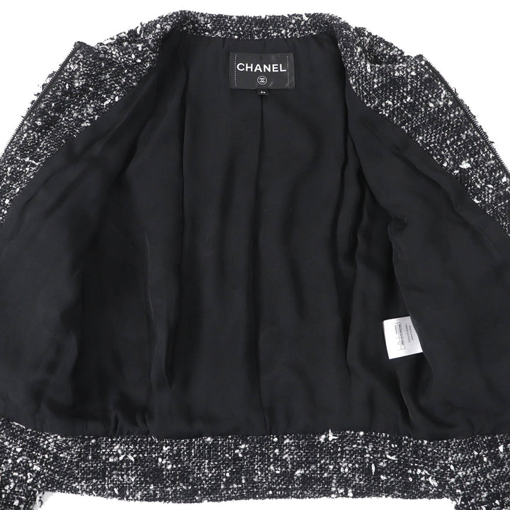 Excellent CHANEL Jacket COCO Mark Button Ribbon Tweed No Collar Zip Up Women 34 P62063