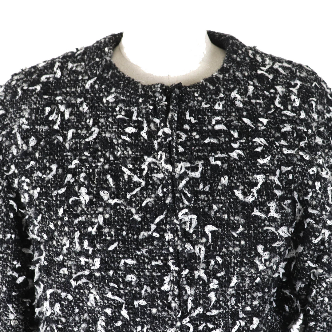 Excellent CHANEL Jacket COCO Mark Button Ribbon Tweed No Collar Zip Up 34 P62063