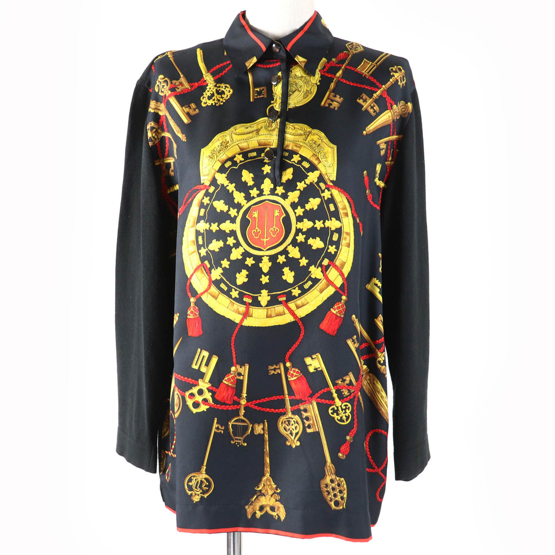 Great HERMES Long sleeve polo shirt LES CLES THE KEYS RARE black silk Women M