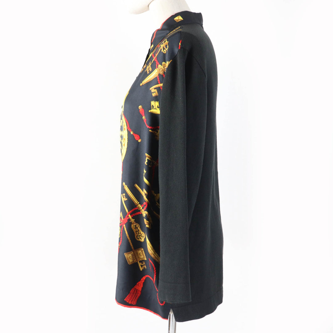 Great HERMES Long sleeve polo shirt LES CLES THE KEYS RARE black silk Women M